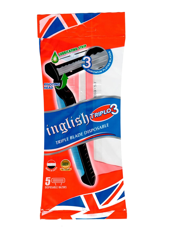 Inglish Triplo 3 Disposable Triple Blade Razor for Men, Blue/Black, 5 Pieces