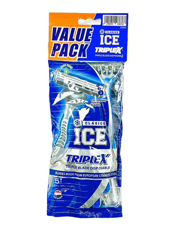 Clasico Ice Triplex Disposable Triple Blade Razor for Men, Silver/Blue, 5 Pieces