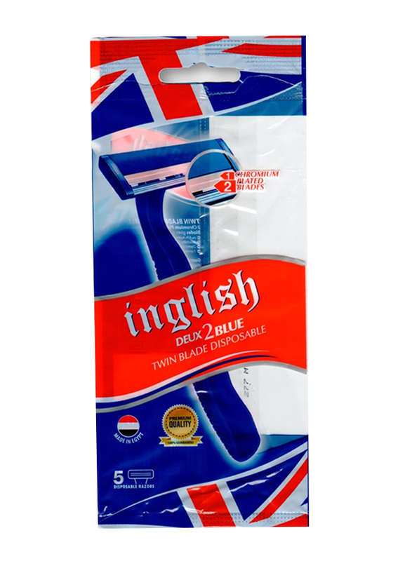 Inglish Deux 2 Blue Disposable Twin Blade Razors for Men, Blue, 5 Pieces