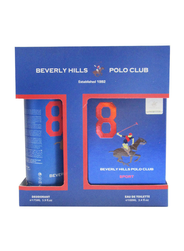 Beverly Hills Polo Club 2-Piece Sport No.8 Gift Set for Men, 100ml EDT, 175ml Deodorant Spray
