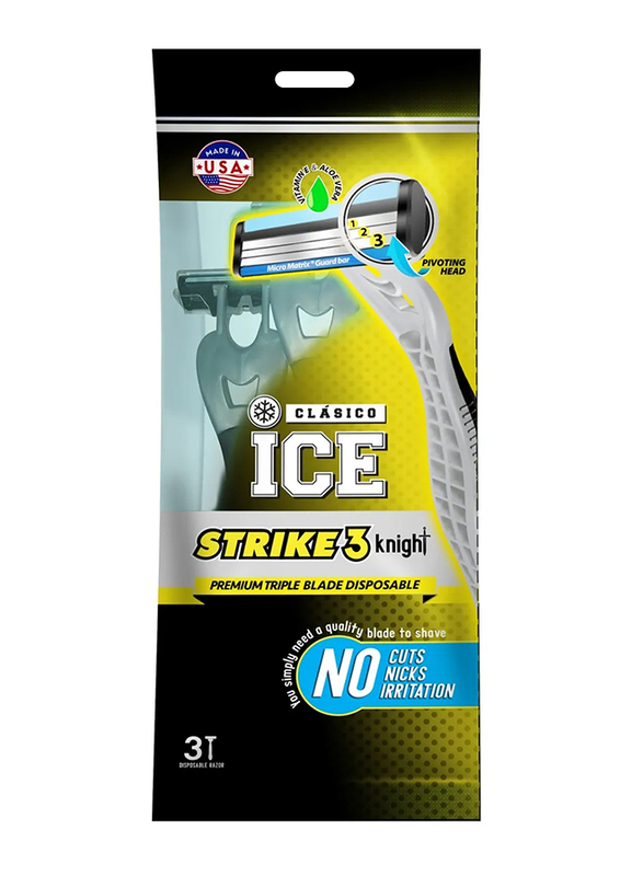 Clasico Ice Strike 3 Disposable Triple Blade Razor for Men, Knight Black/White, 3 Pieces