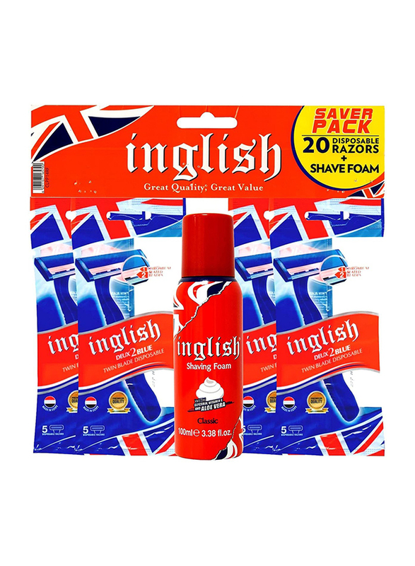 Inglish Super Disposable Twin Blade Razors and 100ml Shaving Foam Saver Pack for Men, Blue/Red, 21 Pieces