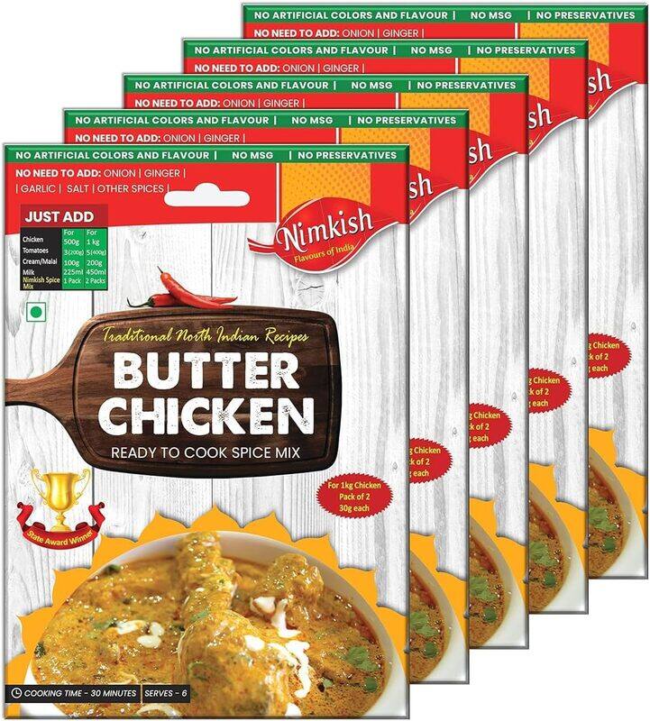 

Nimkish Butter Chicken Masala Pack of 5 (60g each), Ready to Cook Spice Mix, Instant Masala for Indian Dishes