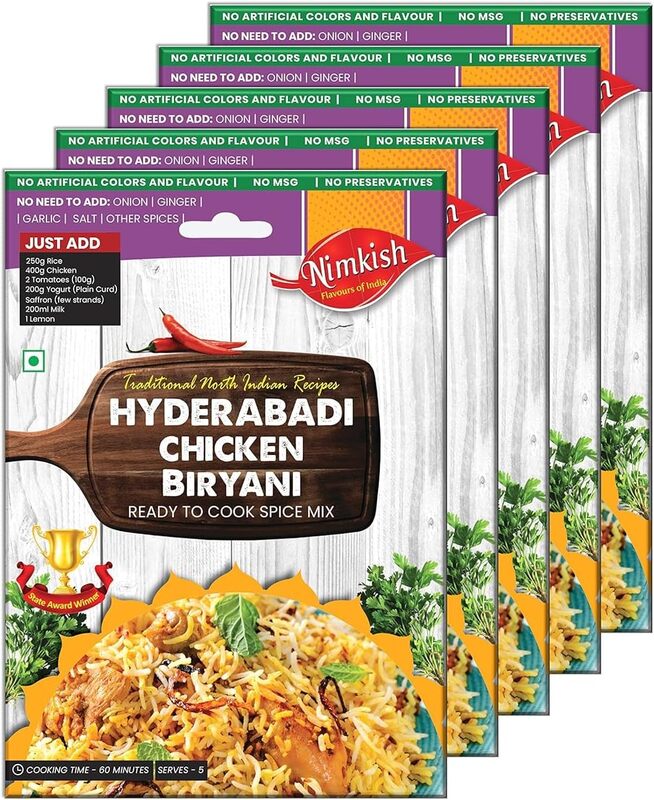 Nimkish Hyderabadi Chicken Biryani Masala Pack of 5 (40g each), Ready to Cook Spice Mix, Authentic Taste