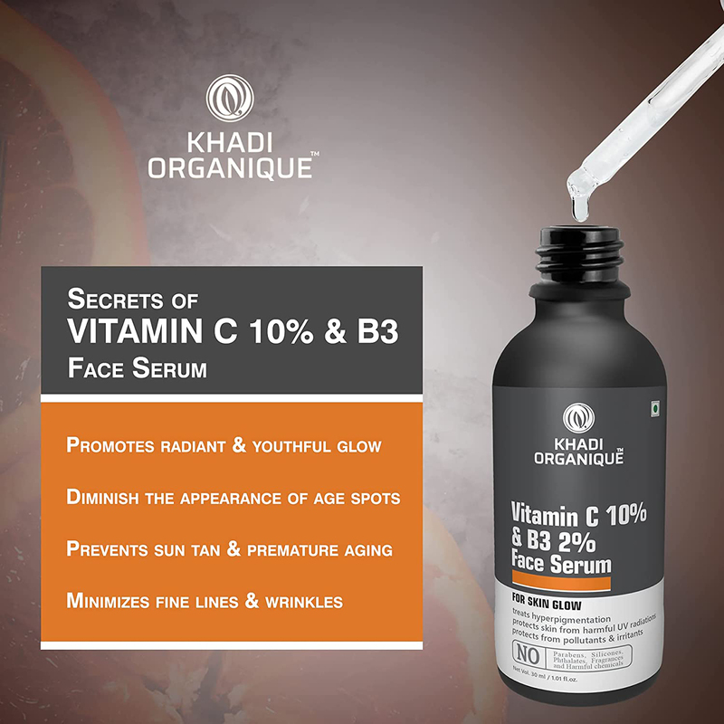 Khadi Organique Vitamin C (Ethyl Ascorbic Acid) 10% + B3 Face Serum, 30ml