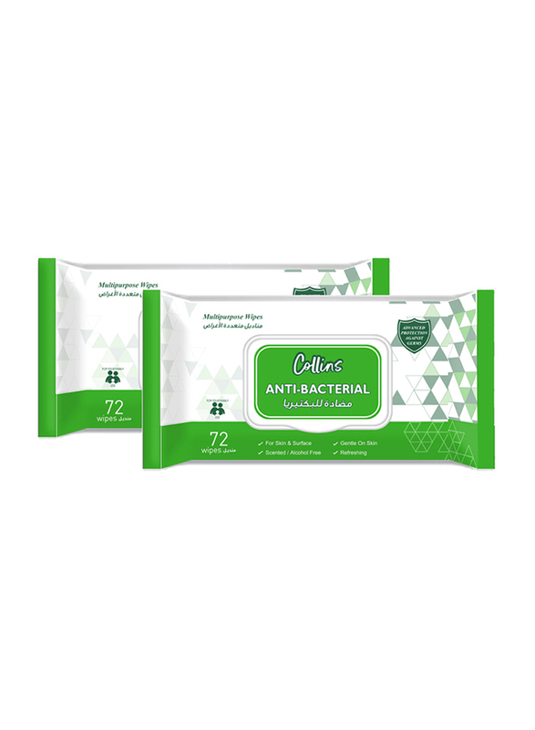 Collins Antibacterial Multi Purpose Wet Wipes with Flip-Top Promo Pack, 2 Pieces x 72 Sheets