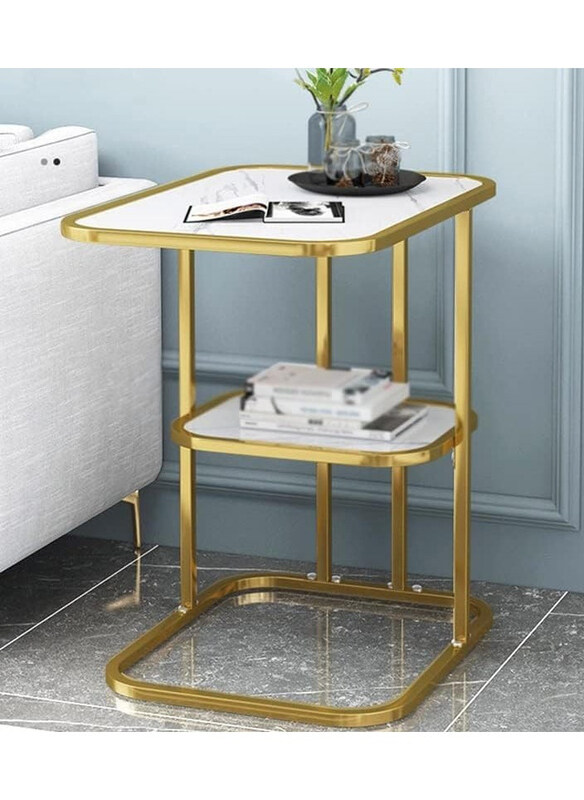 

DubaiGallery Accent C Side Table with Metal Frame and Marble Top, Whit/Gold
