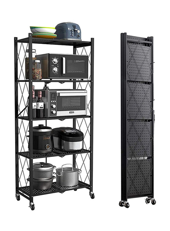 

DubaiGallery 5-Tier Foldable Garage Pantry Organization Metal Storage Shelves with Wheels, Black