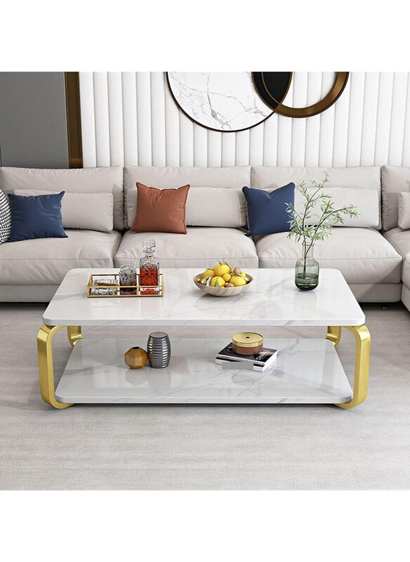 

DubaiGallery Marble Texture Wooden Combination Furniture Durable Table, White/Gold