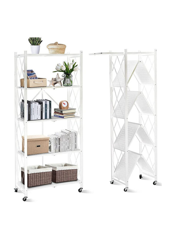 

DubaiGallery 5-Tier Foldable Bookshelf Metal Storage Shelves with Wheels, White