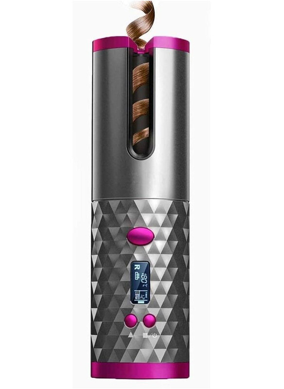

Generic Cordless Auto Ceramic Rotating Hair Curler with 6 Temps & Timers, Silver/Pink