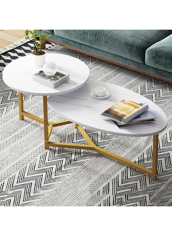 

DubaiGallery Modern Sofa Side Large Round Coffee Table, White/Gold