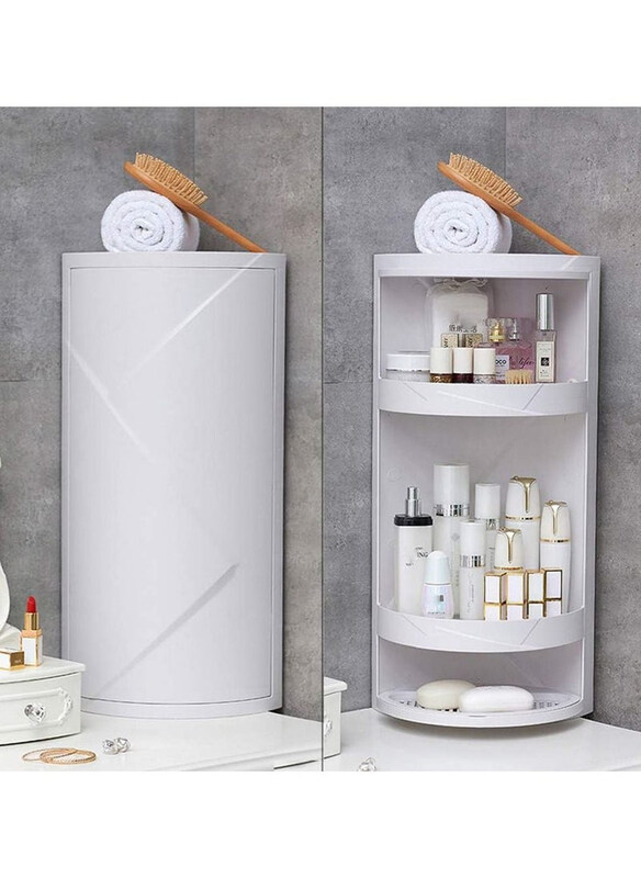 

DubaiGallery 360 Rotating 3 Tier Storage Cabinet Corner Shelves with Doors and Towel Holder Rack, White
