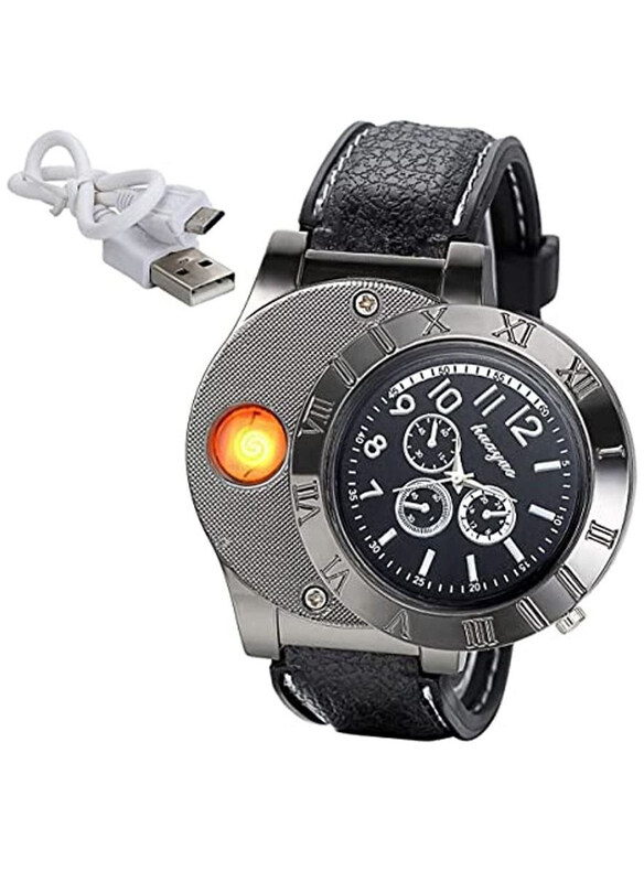 

Huayue USB Rechargeable Lighter Analog Watch for Men with Leather Band, Black