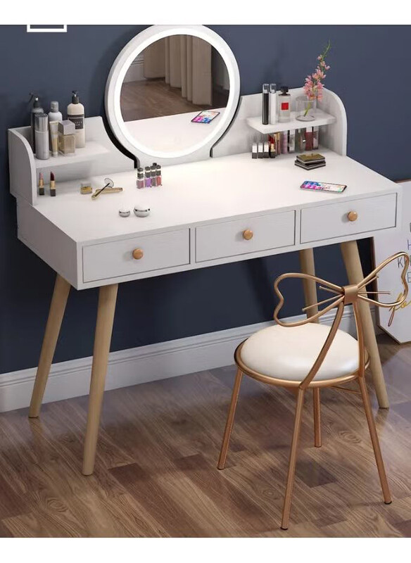 

DubaiGallery Modern Vanity Simple Bedroom Dressing Table with Led Light & Makeup Mirror, White/Beige