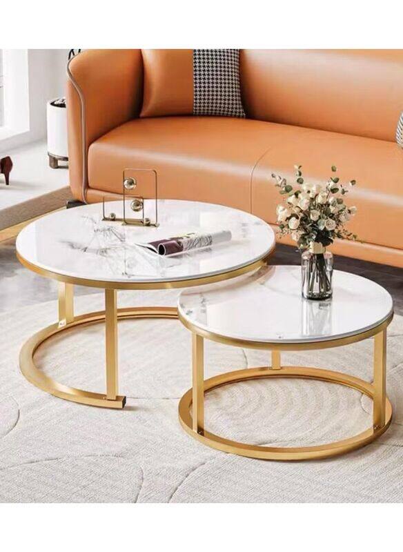 

DubaiGallery 2-Piece Natural Finished Marble Nesting Coffee Tables, White/Gold