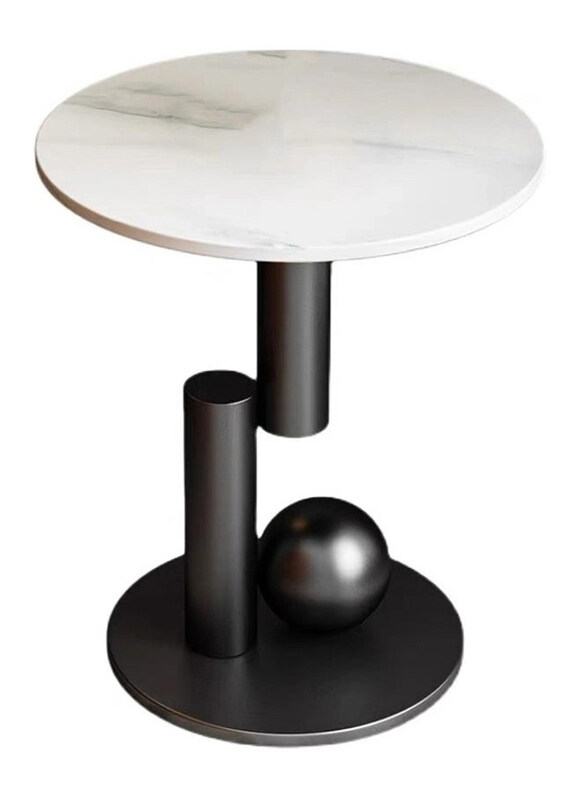 

DubaiGallery Luxury Round Marble Texture Side Table with Marble Texture, Black/White