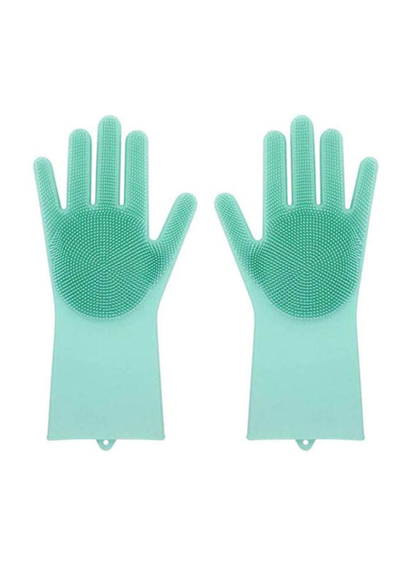 

Generic Magic Silicone Gloves With Wash Scrubber Heat Resistant For Cleaning, Green/Silver