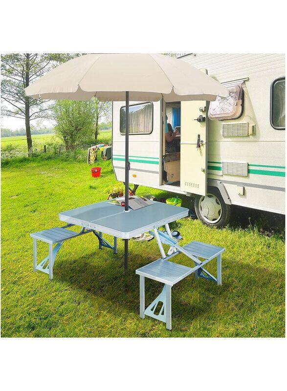 

Generic Aluminium Alloy Folding Camping Picnic Table with 4 Seats with Garden Umbrella Hole, Multicolour