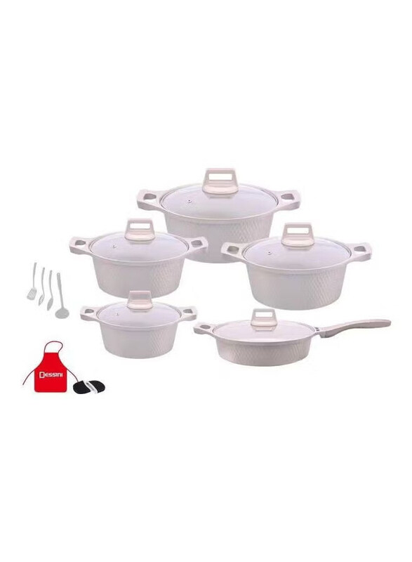 

Dessini 17-Piece Non-Stick Dots Cookware Set, White/Granite