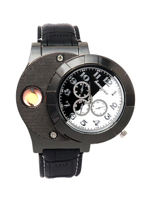 

Huayue USB Lighter Analog Watch for Men with Leather Band, Grey-Black