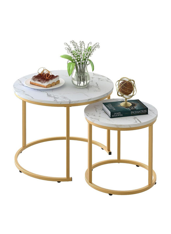 

DubaiGallery Modern Industrial Style Wood Metal Round Coffee Table Set, 2 Pieces, White/Gold