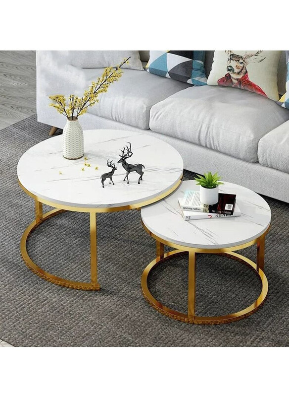 

DubaiGallery Stackable MDF Top Side Combination Round Coffee Table, White/Gold