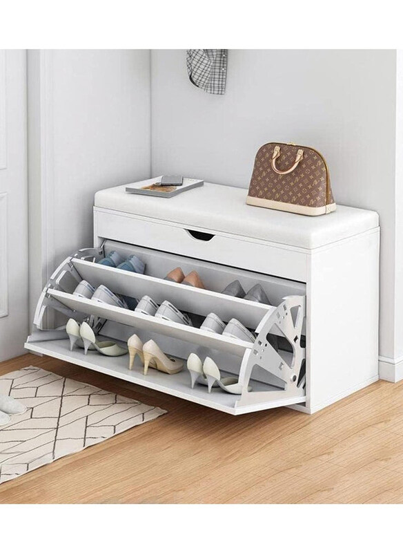 

Dubaigallery 3-Tier Adjustable Shelves Space Saving Multi-functional Shoe Storage Bench, White