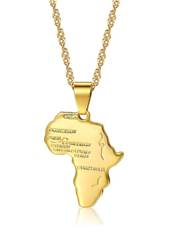 

Generic Africa Map and Letter Carved Design Map Necklace Unisex, Gold