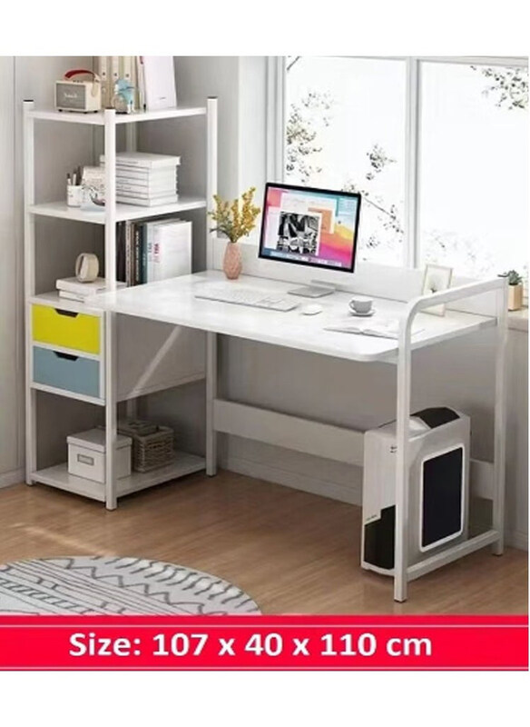 

DubaiGallery 2-Drawers Modern Multifunctional Computer Desk with Bookshelf, White