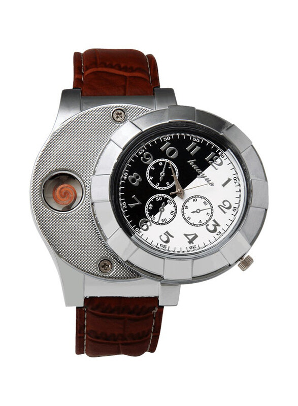 

Huayue USB Lighter Analog Watch for Men with Leather Band, Silver-Brown