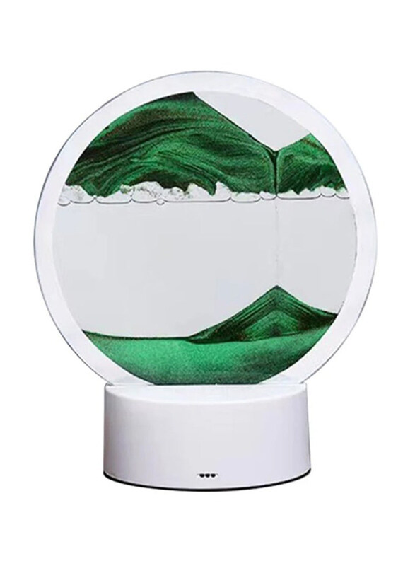 

DubaiGallery 3D Sand Art Painting Desk Lamp Round Glass Kinetic Sandscapes with LED Light, White/Green