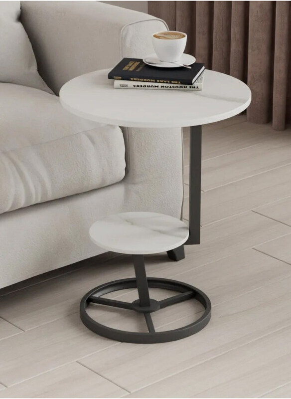

DubaiGallery Round End Table with Storage 2 Tier Modern Slate Side Table with Sintered Stone and Sturdy Metal Legs, Black/White