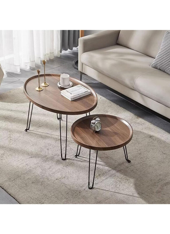

DubaiGallery Metal Base Sofa Side Round Coffee Table Set, 2 Piece, Brown/Black