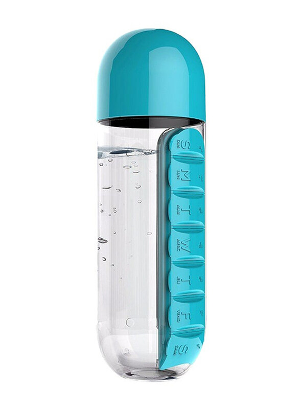 

Generic 600ml Sports Tour Hiking Water Bottle With Daily Pill Box, 23.5 x 6.9cm, Blue/Clear