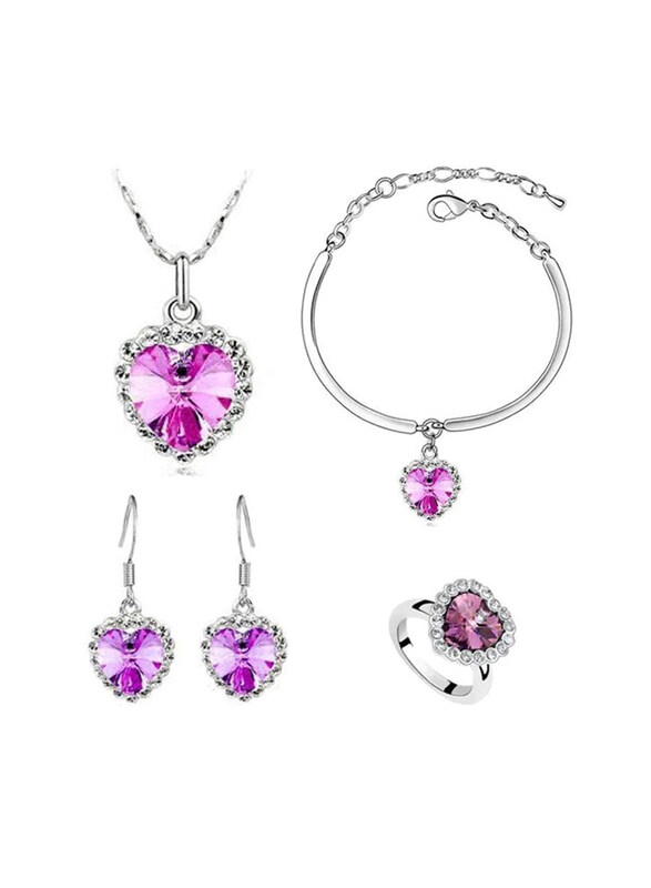 

Generic 4 Heart Austrian Crystal Necklace Earring Bracelet & Ring Rose Heart In Ocean Jewellery Set, Multicolour