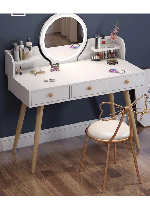 

DubaiGallery Large Makeup Vanity Desk ,Round Corner Vanity Mirror with Lights, White/Beige