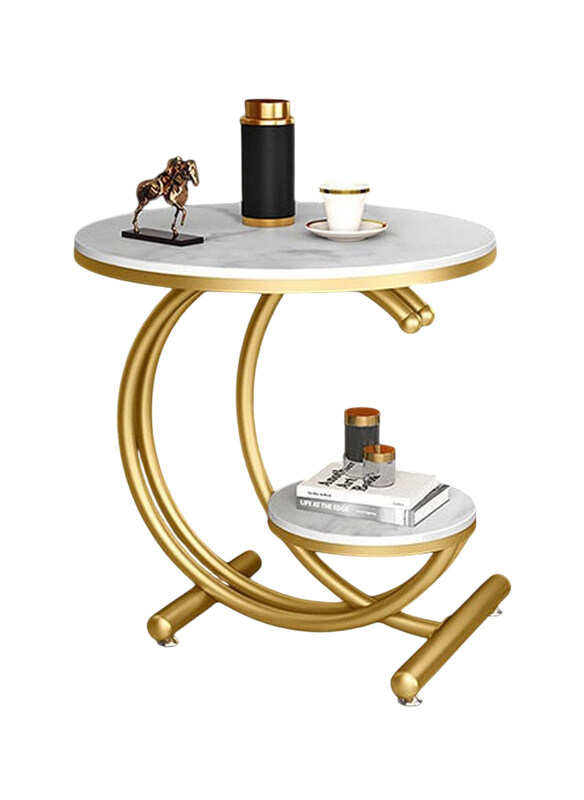 

DubaiGallery Light Luxury End Rock Board Corner Creativity Small Round Open Double-Layer Design Sofa Side Table, Gold