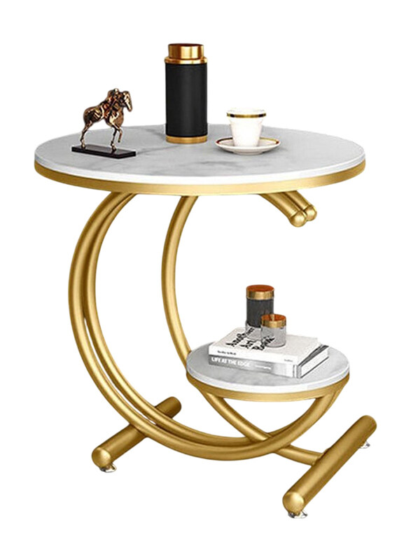 

DubaiGallery Light Luxury End Rock Board Corner Creativity Small Round Open Double-Layer Design Coffee Table, Gold