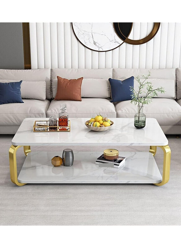 

Dubaigallery 2 Tier Golden Iron Living Room Coffee Table, White/Gold