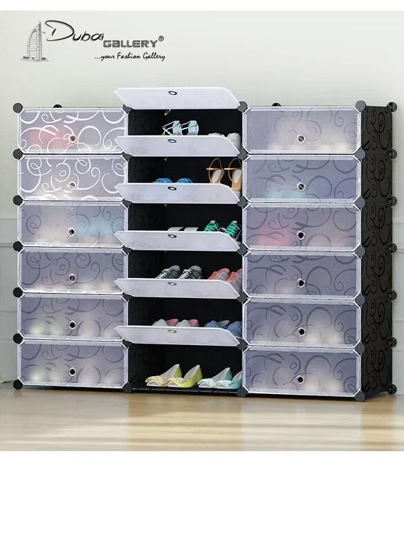 

DubaiGallery 18-Cube DIY Plastic Storage Organizer Shoe Rack with Doors, Black