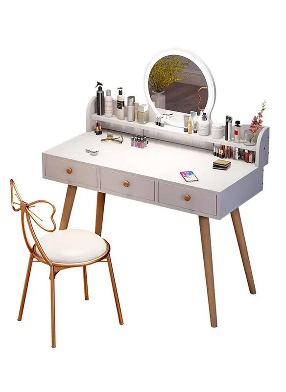 

DubaiGallery Home Bedroom Apartment Wooden Dressing Table with Storage Cabinet and Mirror, White/Beige