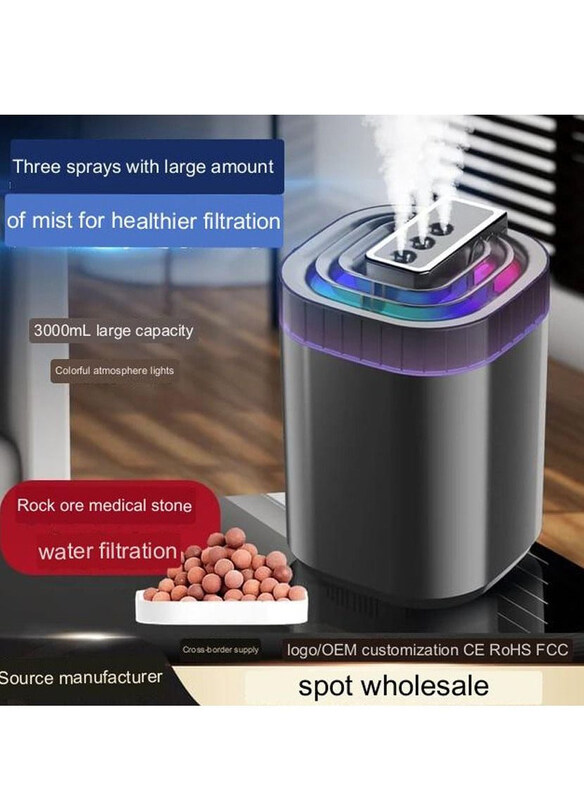 

Generic Humidifier Usb Purifier Soothing Light Humidificador Home Diffuser With Led Night Smart Home, 3000ml, Black