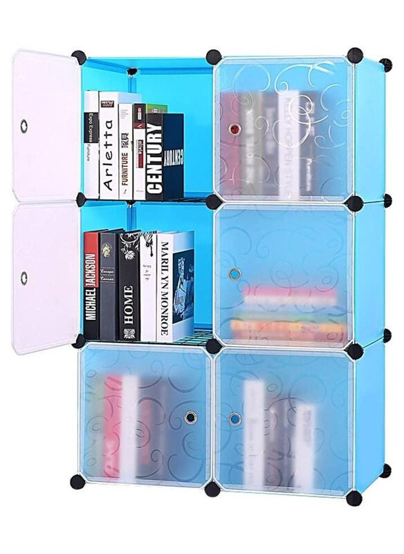 

Dubaigallery 6-Cube Diy Modular Organizer Curly Pattern Plastic Shoe Rack, Blue/Transparent