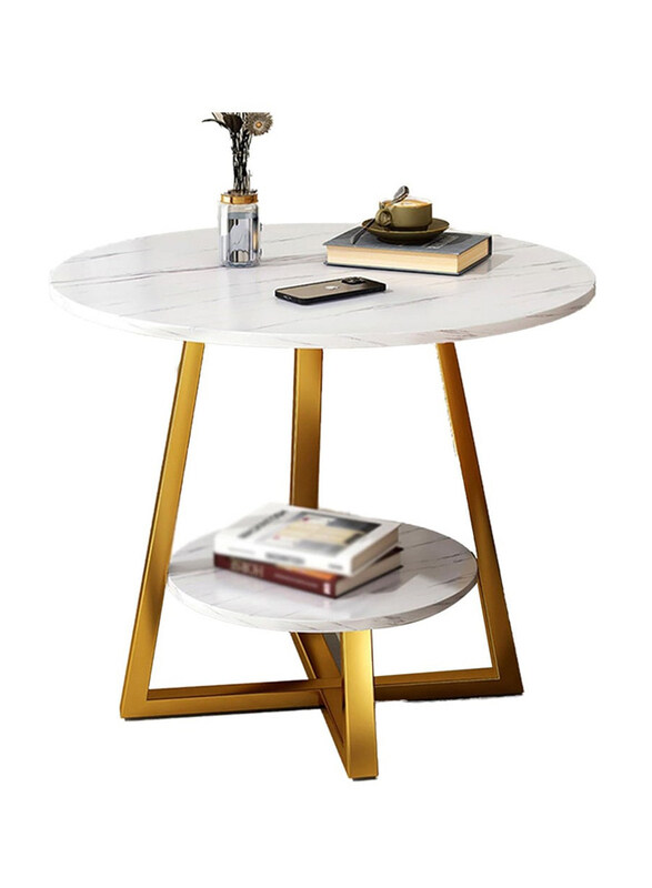 

Dubaigallery Double Layer Marble Like Side Table, White/Gold