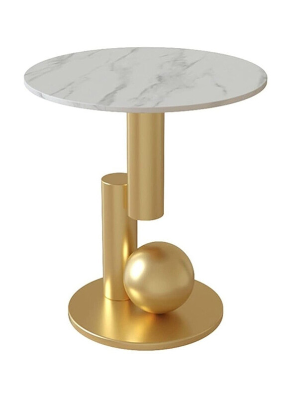 

DubaiGallery Luxurious Round Marble Texture Side Table, White/Gold