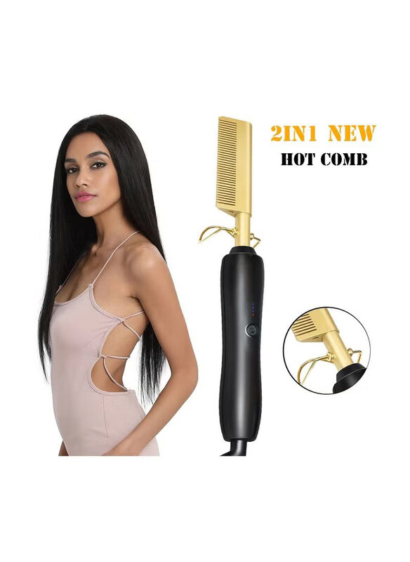

DubaiGallery Electric Hot Flat Smoothing Iron Hair Straightening Heating Brush Comb, Black/Gold