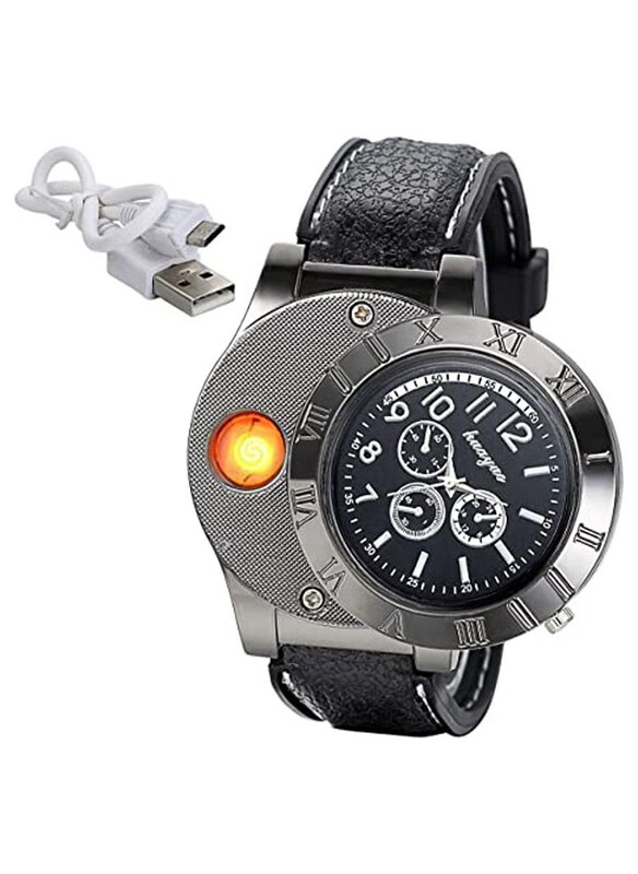 

Huayue USB Rechargeable Lighter Analog Watch for Men with Leather Band, Black