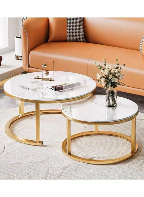 

DubaiGallery Sofa Console Cocktail Round Coffee Tables, White/Gold
