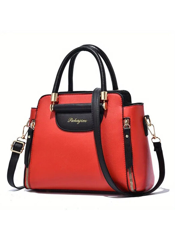 

Pahajim Colour Contrast Fashion Satchel Elegant Handbag for Women with Multi Pockets, Red